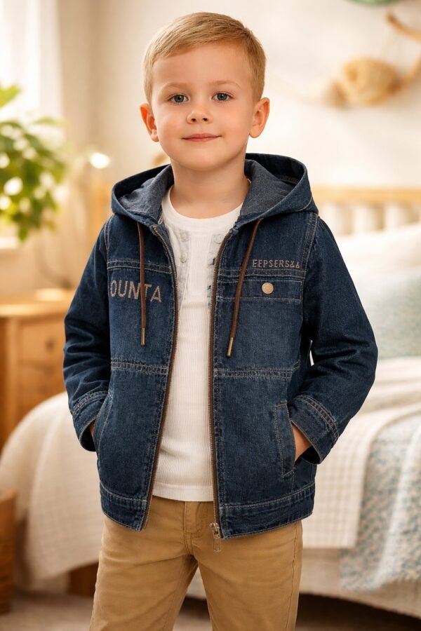 Erkek Çocuk Kot Takımı Kapüşonlu Fermuarlı Ceket ve Gömlekli Tasarım - Gorsel 2