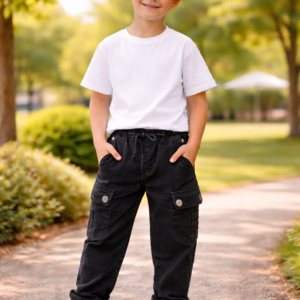 Erkek Çocuk Gabardin Pantolon Siyah Cepli Lastikli Beli Rahat