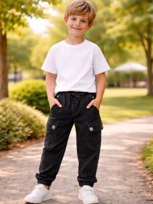 Erkek Çocuk Gabardin Pantolon Siyah Cepli Lastikli Beli Rahat
