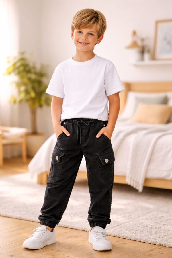 Erkek Çocuk Gabardin Pantolon Siyah Cepli Lastikli Beli Rahat - Gorsel 2