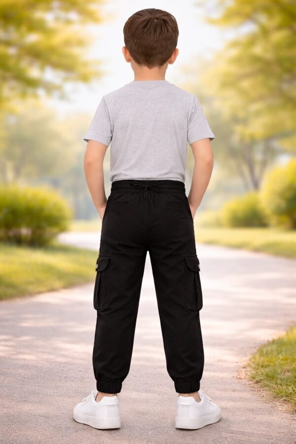 Erkek Çocuk Kargo Cepli Lastikli Kanvas Pantolon Siyah Renkli Günlük Kullanım - Gorsel 4