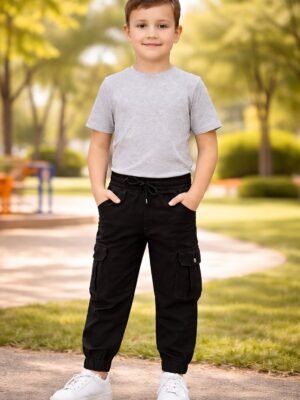 Erkek Çocuk Kargo Cepli Lastikli Kanvas Pantolon Siyah Renkli Günlük Kullanım
