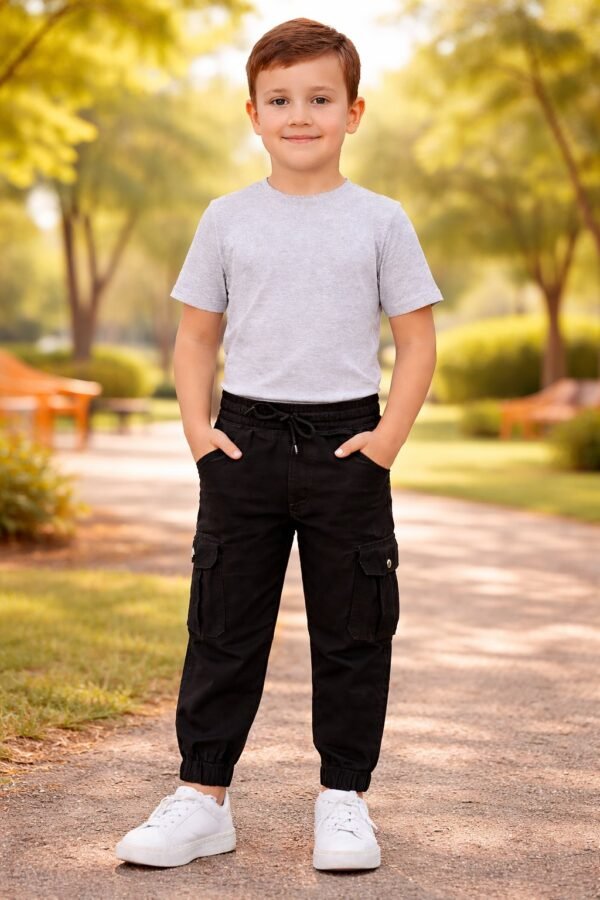 Erkek Çocuk Kargo Cepli Lastikli Kanvas Pantolon Siyah Renkli Günlük Kullanım - Gorsel 2