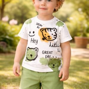 Erkek Çocuk Kedi Kafa Baskılı Kısa Kollu Şortlu Takım