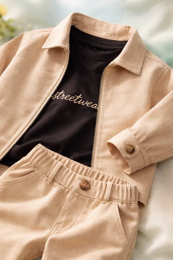 Erkek çocuk keten takım krem renkli kısa kollu rahat günlük kullanım - Gorsel 3