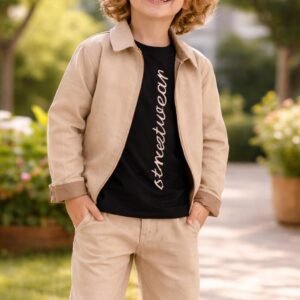 Erkek çocuk keten takım krem renkli kısa kollu rahat günlük kullanım