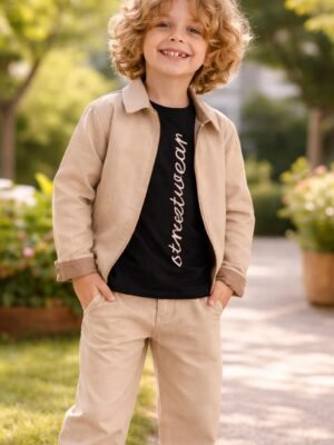 Erkek çocuk keten takım krem renkli kısa kollu rahat günlük kullanım