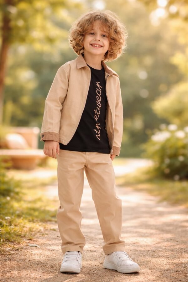 Erkek çocuk keten takım krem renkli kısa kollu rahat günlük kullanım - Gorsel 2