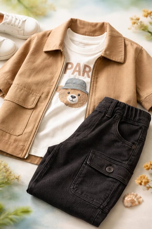 Erkek Çocuk Krem Keten Kot Kumaş Ceket ve Kot Pantolon Takım, Günlük Giyim, Rahat ve Şık - Gorsel 3