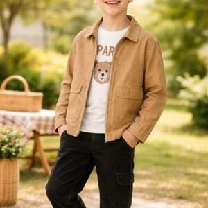 Erkek Çocuk Krem Keten Kot Kumaş Ceket ve Kot Pantolon Takım