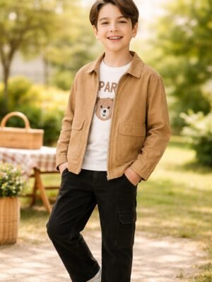 Erkek Çocuk Krem Keten Kot Kumaş Ceket ve Kot Pantolon Takım, Günlük Giyim, Rahat ve Şık