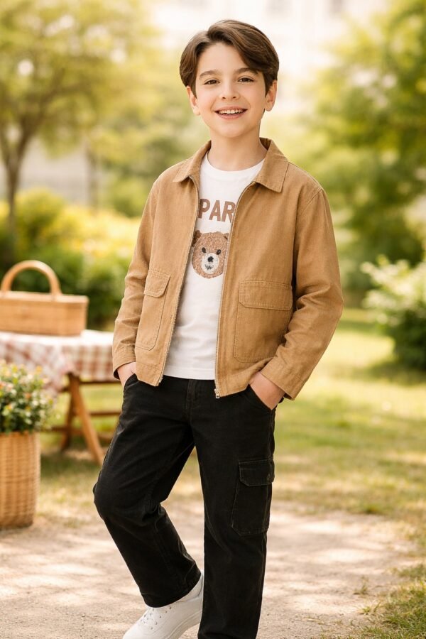 Erkek Çocuk Krem Keten Kot Kumaş Ceket ve Kot Pantolon Takım, Günlük Giyim, Rahat ve Şık