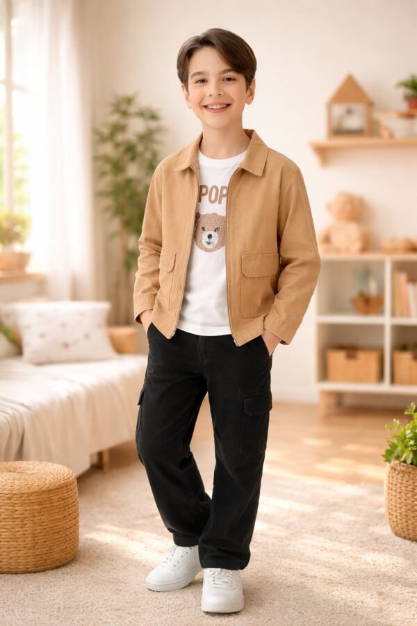 Erkek Çocuk Krem Keten Kot Kumaş Ceket ve Kot Pantolon Takım, Günlük Giyim, Rahat ve Şık - Gorsel 2