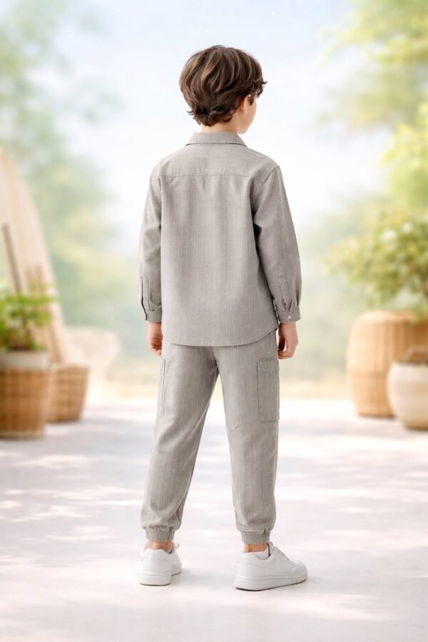 Erkek Çocuk Keten Takım Haki Renkli Kısa Kollu Gömlek ve Pantolon, Yazlık, Rahat ve Şık - Gorsel 4
