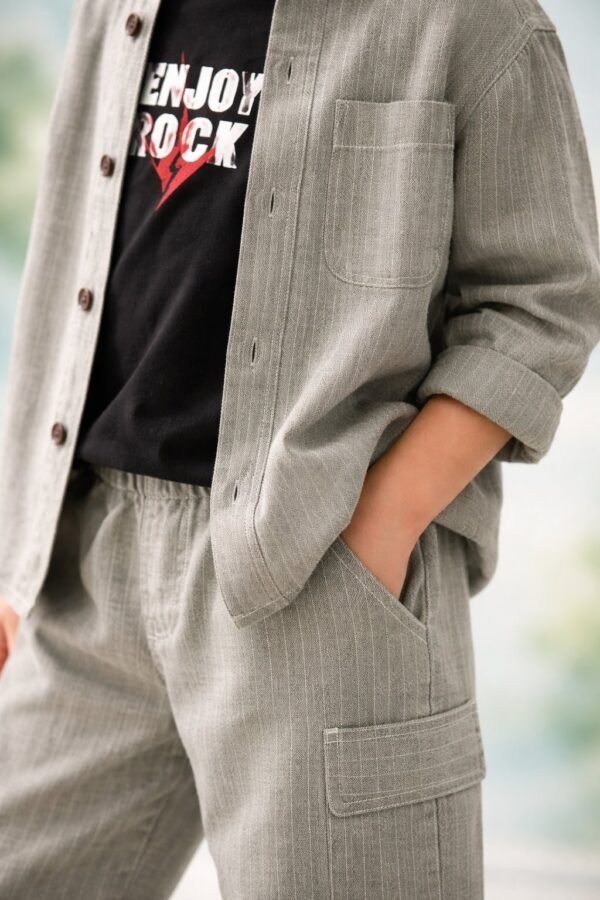 Erkek Çocuk Keten Takım Haki Renkli Kısa Kollu Gömlek ve Pantolon, Yazlık, Rahat ve Şık - Gorsel 3