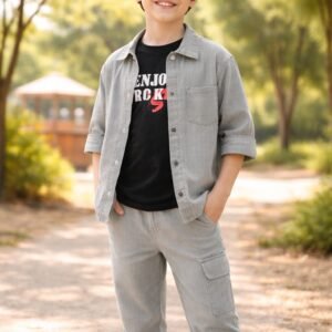 Erkek Çocuk Keten Takım Haki Renkli Kısa Kollu Gömlek ve Pantolon, Yazlık, Rahat ve Şık