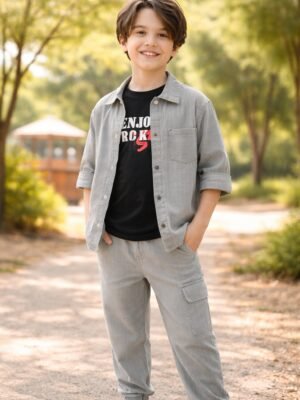 Erkek Çocuk Keten Takım Haki Renkli Kısa Kollu Gömlek ve Pantolon, Yazlık, Rahat ve Şık
