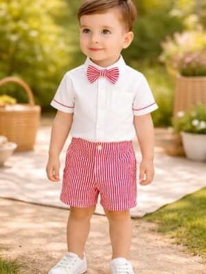 Erkek Bebek Kısa Kollu Gömlek ve Şort Takımı Beyaz Yazlık rahat