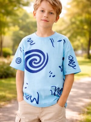 Erkek çocuk mavi tişört kısa kollu bisiklet yaka rahat giyim çocuk giyim