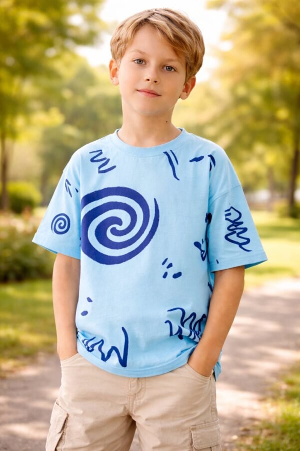 Erkek çocuk mavi tişört kısa kollu bisiklet yaka rahat giyim çocuk giyim