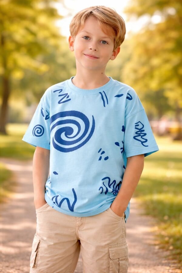 Erkek çocuk mavi tişört kısa kollu bisiklet yaka rahat giyim çocuk giyim - Gorsel 2