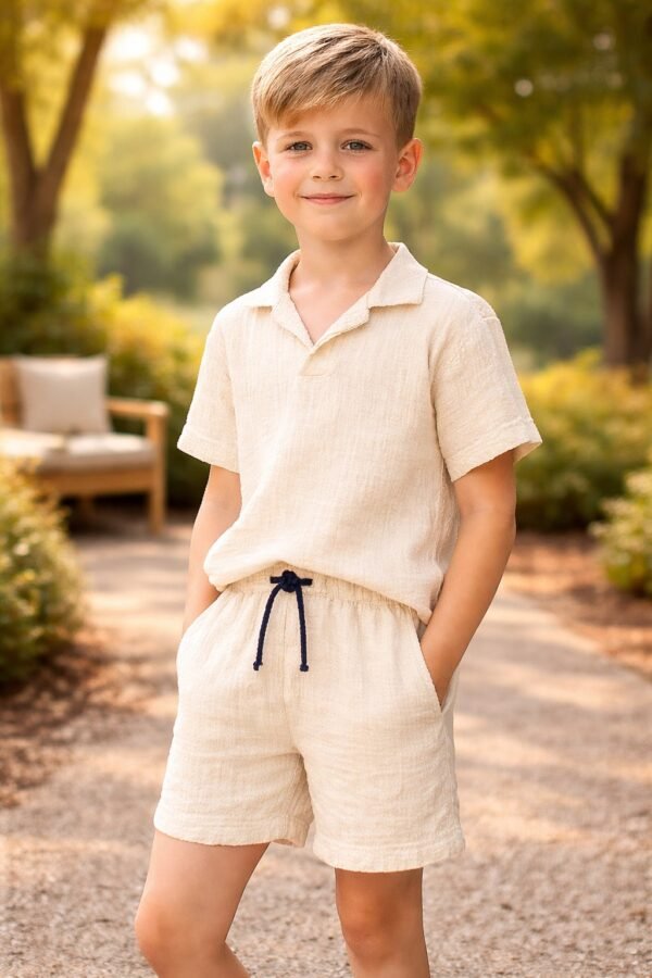 Erkek Çocuk Kısa Kollu Müslin Kumaş Takım - Rahat ve Şık Yazlık Giyim - Gorsel 2