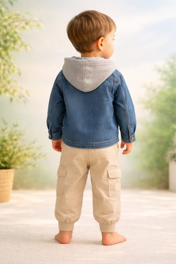 Erkek çocuk kot gömlekli kapşonlu cepli pantolon takımı, rahat ve dayanıklı yapı - Gorsel 4