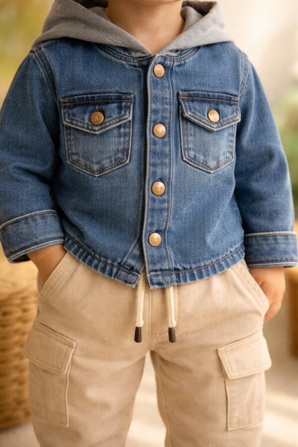 Erkek çocuk kot gömlekli kapşonlu cepli pantolon takımı, rahat ve dayanıklı yapı - Gorsel 3