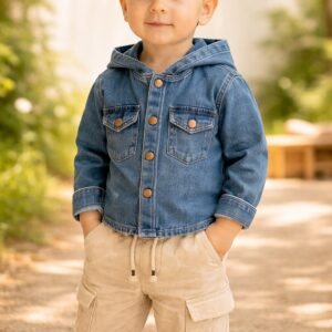 Erkek Çocuk Kot Gömlekli Kapşonlu Cepli Kargo Pantolon Takımı