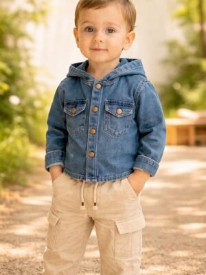 Erkek çocuk kot gömlekli kapşonlu cepli pantolon takımı, rahat ve dayanıklı yapı