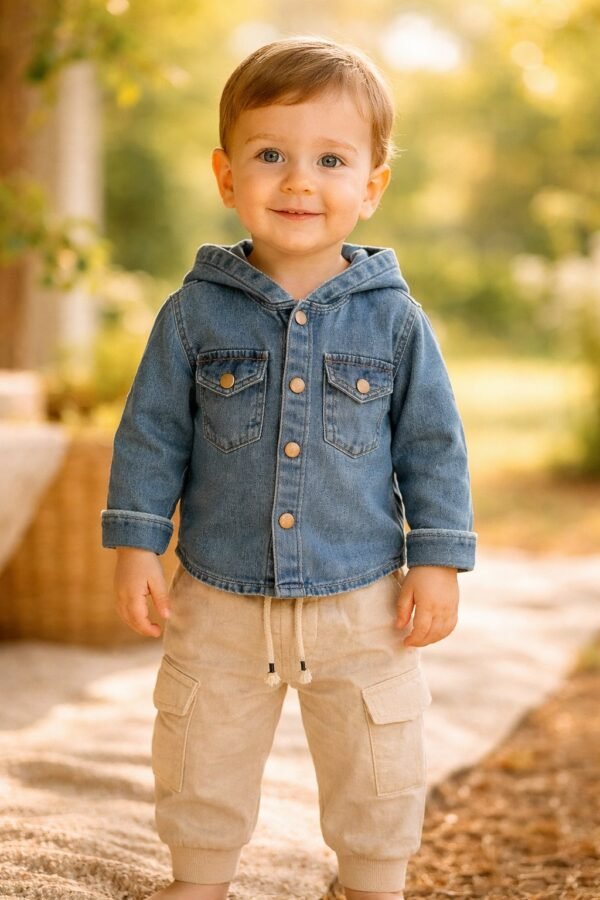 Erkek çocuk kot gömlekli kapşonlu cepli pantolon takımı, rahat ve dayanıklı yapı - Gorsel 2