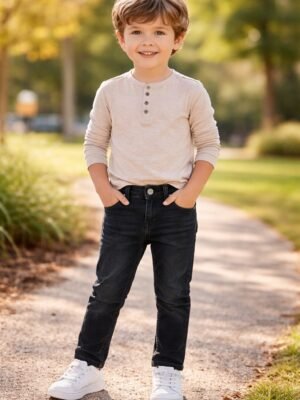 Erkek Çocuk Kot Pantolon Siyah Düğmeli Fermuarlı 3-7 Yaş Günlük Konfor