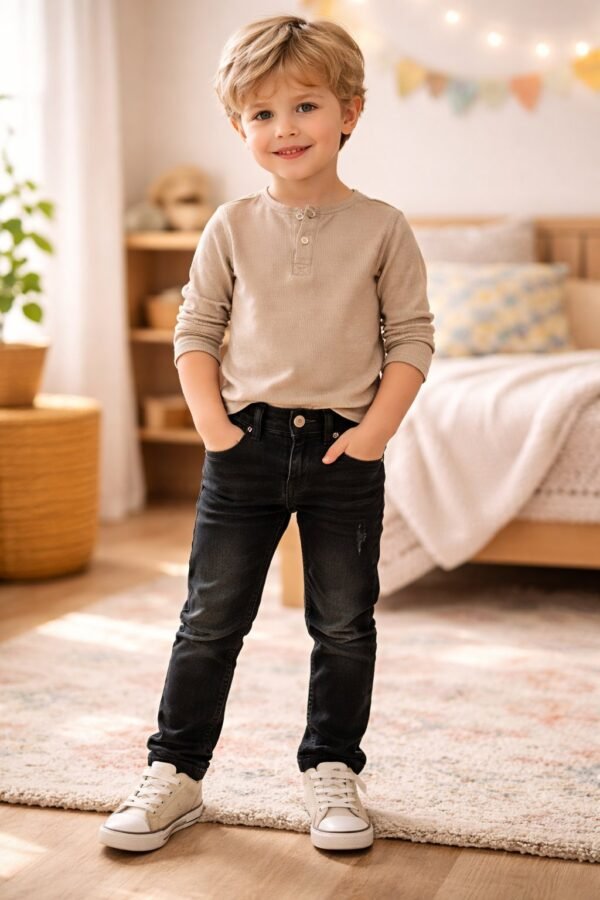 Erkek Çocuk Kot Pantolon Siyah Düğmeli Fermuarlı 3-7 Yaş Günlük Konfor - Gorsel 2