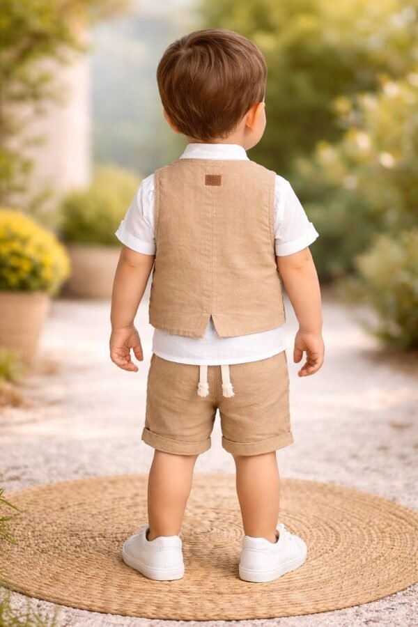 Erkek Bebek Kahverengi Kısa Kollu Gömlek Yelek ve Şort Takımı, Bebek Giyim, Rahat ve Dayanıklı - Gorsel 4