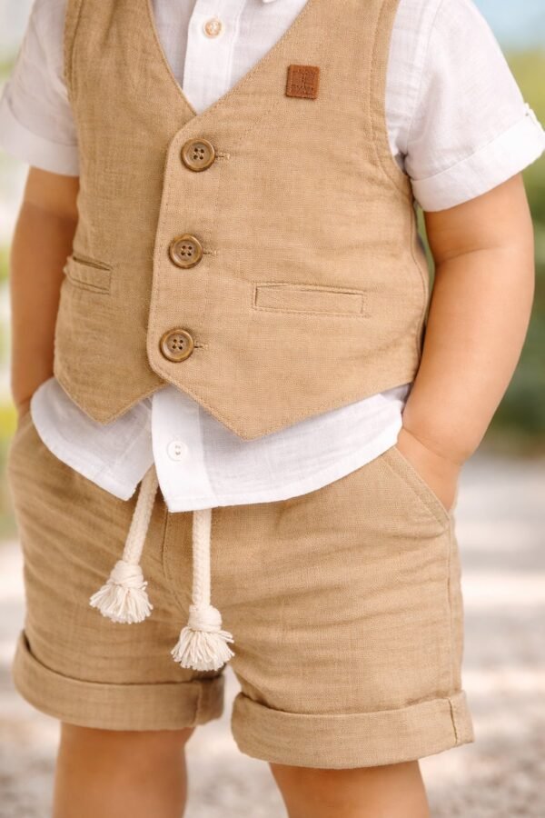 Erkek Bebek Kahverengi Kısa Kollu Gömlek Yelek ve Şort Takımı, Bebek Giyim, Rahat ve Dayanıklı - Gorsel 3