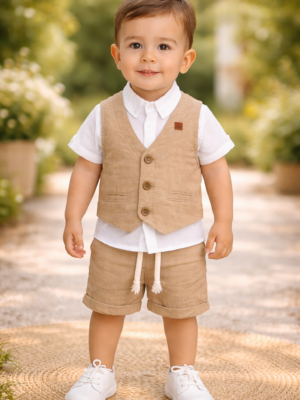 Erkek Çocuk Müslin Kumaş Kısa Kollu Gömlek Yelek ve Şort Takımı rahat çocuk giyim
