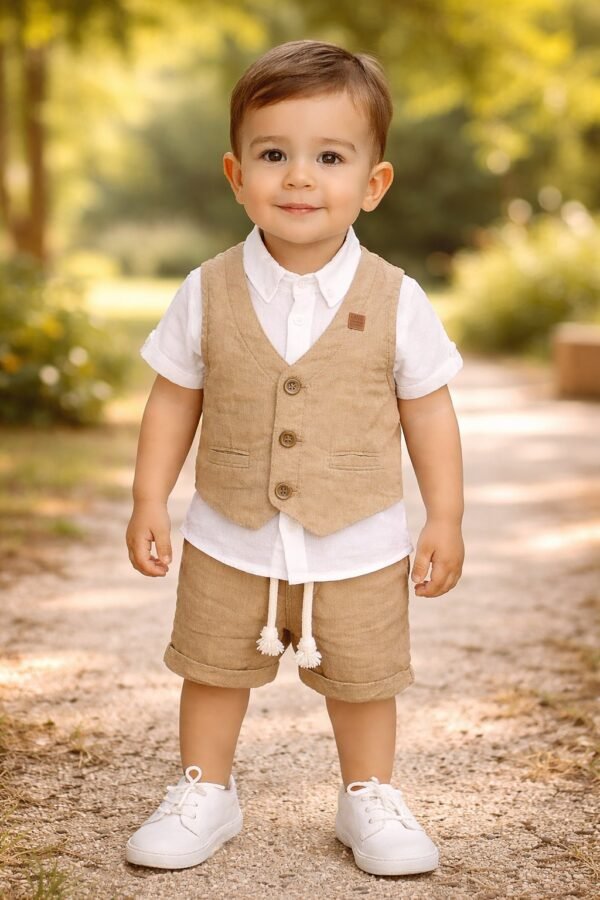 Erkek Bebek Kahverengi Kısa Kollu Gömlek Yelek ve Şort Takımı, Bebek Giyim, Rahat ve Dayanıklı - Gorsel 2
