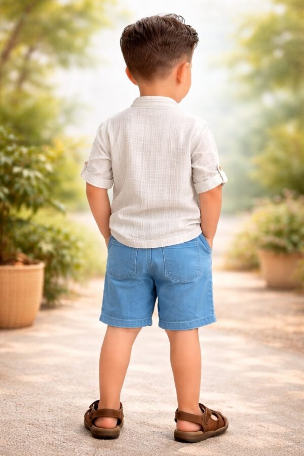 Erkek Çocuk Yazlık Gömlek Takımı Açık Mavi Kot Şort ve Müslin Gömlek - Gorsel 4