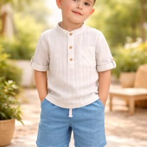 Erkek Çocuk Önden Düğmeli Müslin Gömlekli Kot Şort Takımı