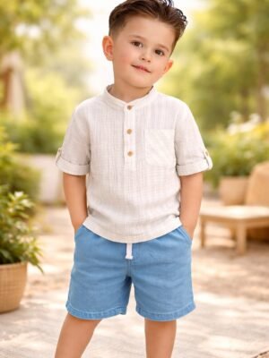 Erkek Çocuk Yazlık Gömlek Takımı Açık Mavi Kot Şort ve Müslin Gömlek