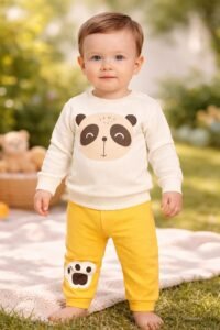 Erkek Çocuk Panda Kafa Baskılı Uzun Kollu Pamuklu Takım