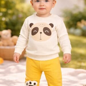 Erkek Çocuk Panda Kafa Baskılı Uzun Kollu Pamuklu Takım