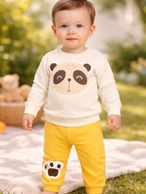 Erkek Bebek Panda Kafa Baskılı Uzun Kollu Pamuk Takım Sarı Renkli Konfor