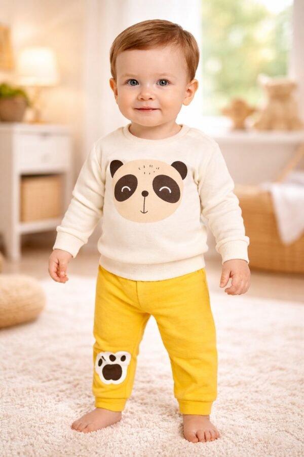 Erkek Bebek Panda Kafa Baskılı Uzun Kollu Pamuk Takım Sarı Renkli Konfor - Gorsel 2