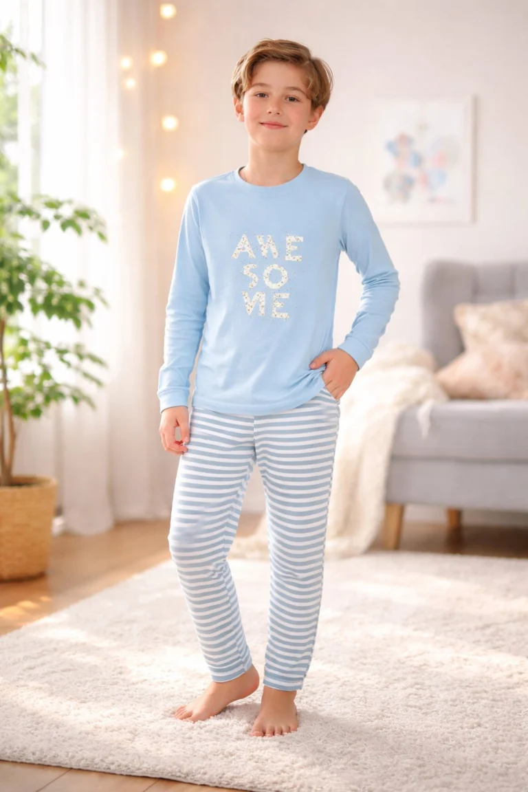 Erkek Çocuk Pijama Takımı 9-13 Yaş Mavi Uzun Kollu ve Eşofman Altı, Rahat ve Dayanıklı - Gorsel 2