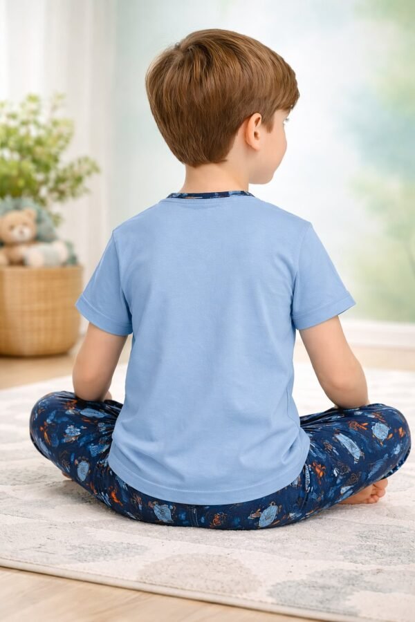 Erkek Çocuk Pamuk Pijama Takımı Kısa Kollu Yaz Desenli Mavi Renkli - Gorsel 4