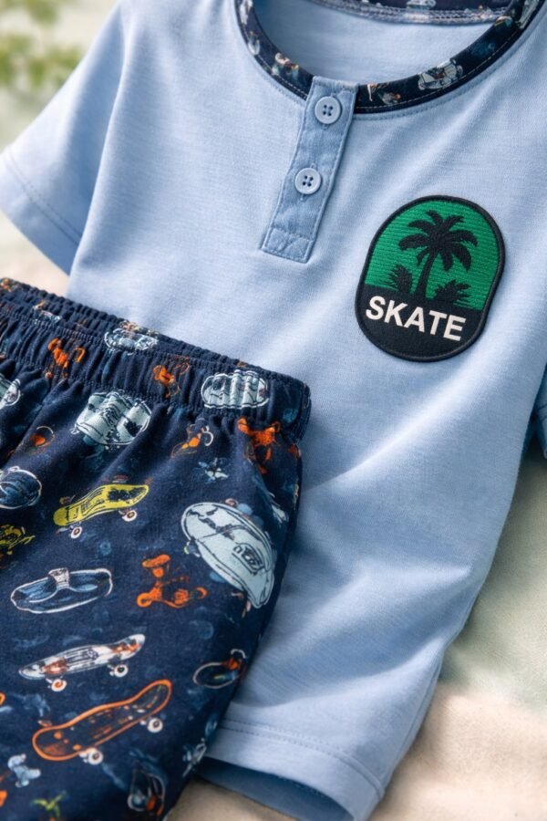 Erkek Çocuk Pamuk Pijama Takımı Kısa Kollu Yaz Desenli Mavi Renkli - Gorsel 3