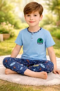 Erkek Çocuk Skate Yazılı Kısa Kollu Pamuklu Mavi Renk Pijama Takımı