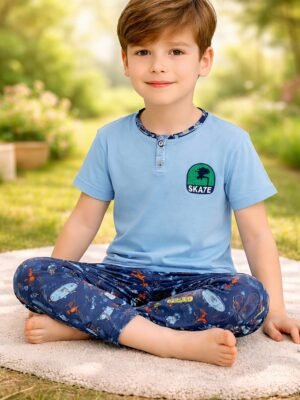 Erkek Çocuk Pamuk Pijama Takımı Kısa Kollu Yaz Desenli Mavi Renkli