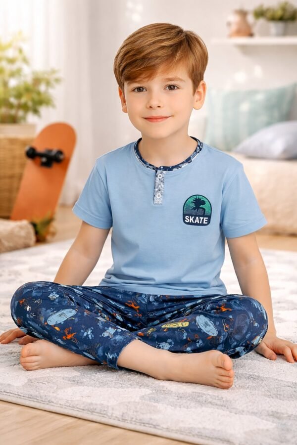 Erkek Çocuk Pamuk Pijama Takımı Kısa Kollu Yaz Desenli Mavi Renkli - Gorsel 2